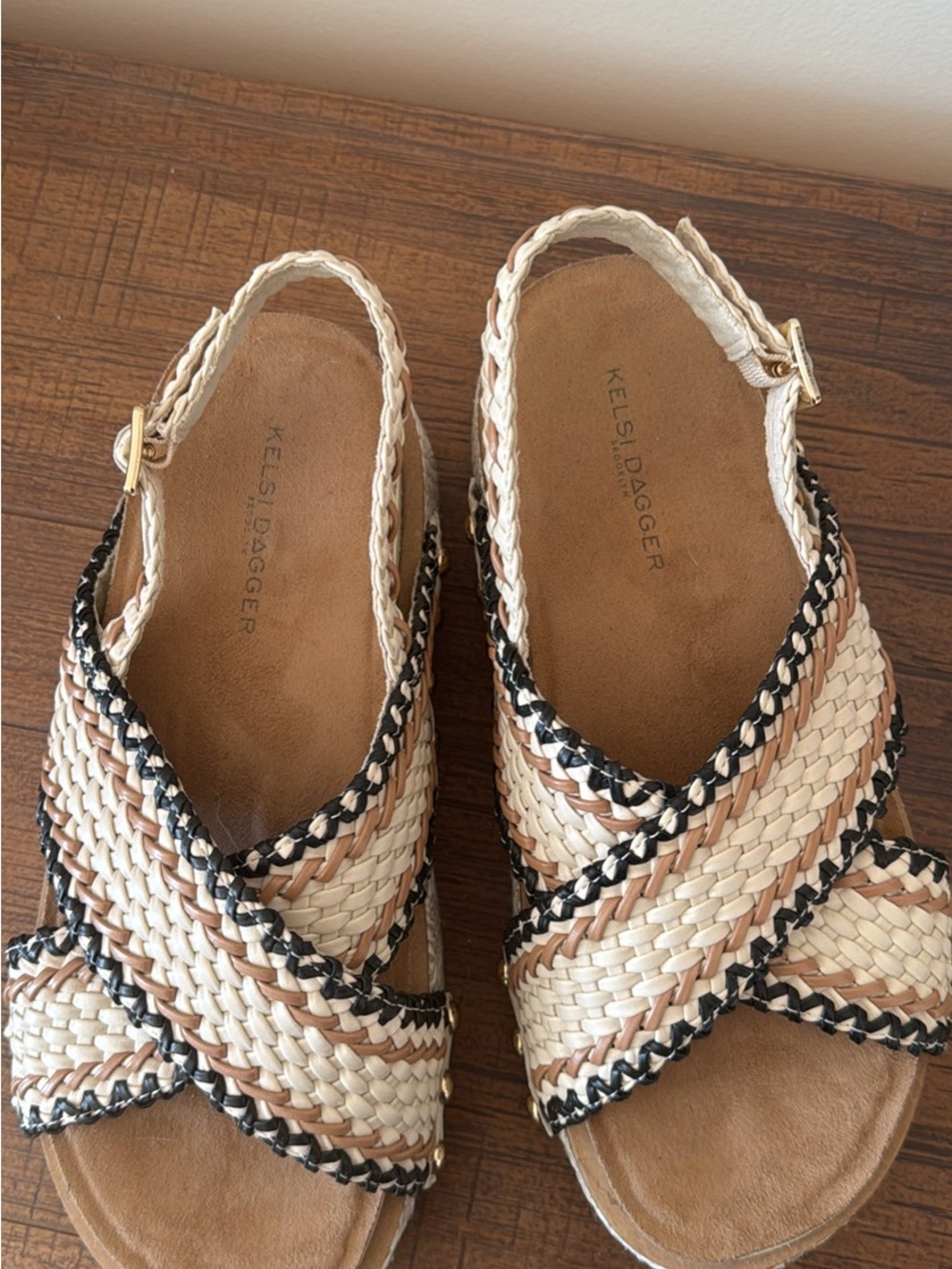 Kelsi Dagger Woven Braided Slingback Sandals in Cream, Tan & Black